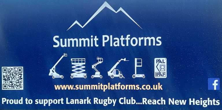 Summit Platforms Board Logo of Summit Platforms supporting Lanark Rugby Club, featuring equipment icons and a QR code.